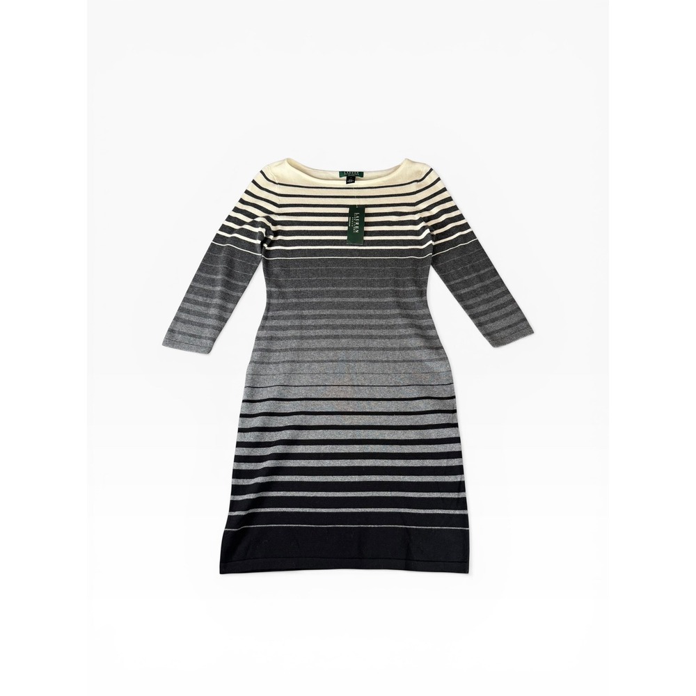 NWT Lauren Ralph Lauren Ombre Striped Boat Neck Sweater Dress Grey Cream Medium